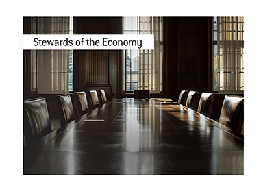 Historic Federal Reserve style boardroom with polished conference table and empty chairs.