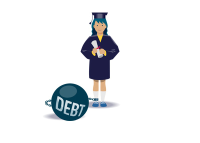 Student loan debt - Illustration / drawing - Female graduate with ball and chain.