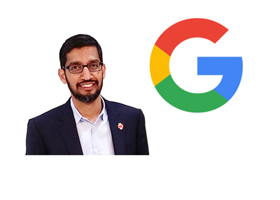 Sundar Pichai isolated on white next to the Google G logo. Year is 2017.
