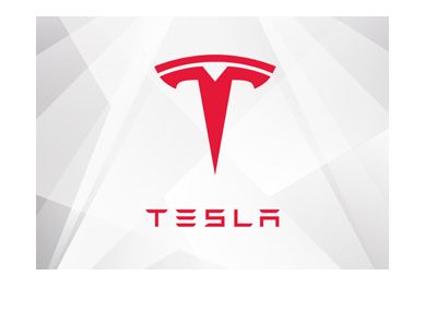 Tesla company logo - Year is 2018 - Red on white  - stylized angular background.