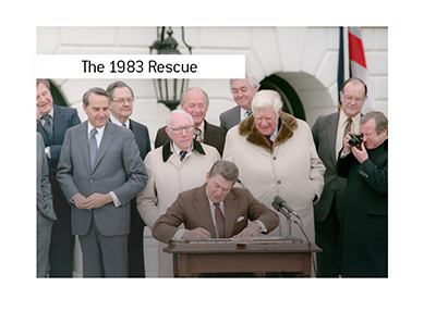 President Ronald Reagan signing the 1983 amendments with lawmakers gathered behind him.