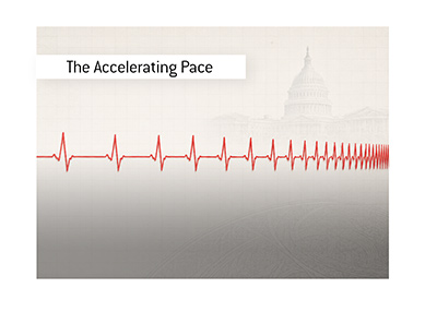 Red fiscal heartbeat line accelerating across a grid beside faint images of the U.S. Capitol and currency engraving.