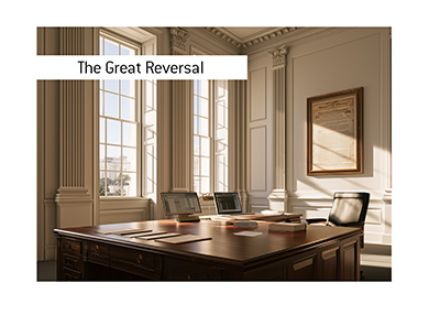 Formal Treasury-style office with classical federal architecture, a polished dark wood desk, modern computer monitors, and a framed historic bond document on the wall.
