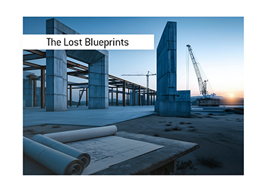 Exposed steel framework and massive concrete structures at sunset.  Project blueprints on table.