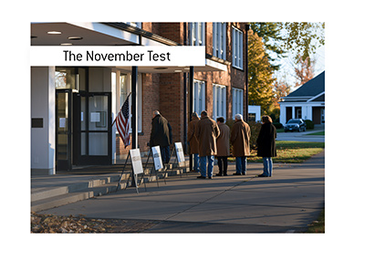 Voters waiting outside an American polling place on a crisp autumn morning during a midterm election.