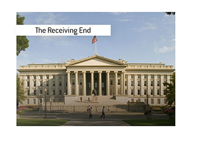 Editorial photograph of the United States Treasury Building in Washington, DC, showing its recognizable south facade.