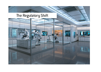 Modern biotech laboratory with advanced gene therapy equipment and glass research rooms.