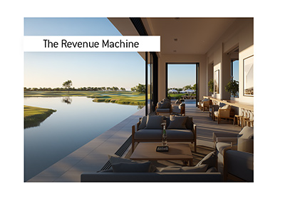 Luxury golf resort lounge overlooking a private course.