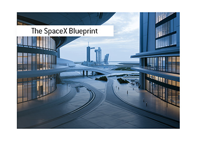 Aerospace campus overlooking a SpaceX-style launch facility and rocket infrastructure