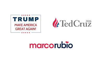 Donald Trump, Ted Cruz and Marco Rubio - 2016 presidential elections logos