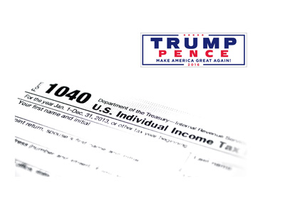 The 1040 tax form document next to Trump - Pence 2016 logo