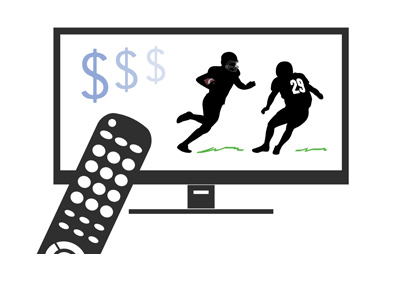 TV set with football on it.  Remote control pointing to it.  Dollar sign (ratings) is in the corner of the screen.