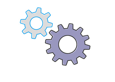 Illustration / drawing of two cogs interlocked. They represent the economy and the job market.