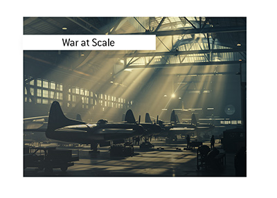 World War II American bomber aircraft assembly line inside a massive industrial factory.