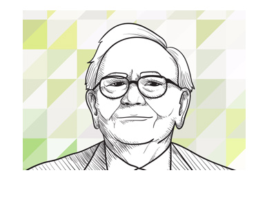 Famous investor Warren Buffett - Illustration with green triangular shapes in the background.