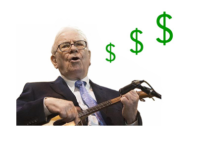 A photo of Warren Buffett playing a mini (pico) guitar.  And singing.  Year 2013.