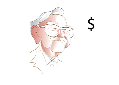 The famous investor, Warren Buffett, is looking at the dollar sign with clearly pleasant thoughts on his mind.  Illustration.