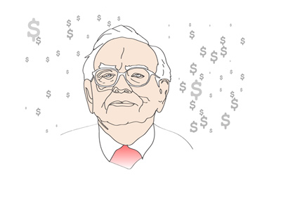 Illustration of the famous investor Warren Buffett.  Titled:  Raining Cash.