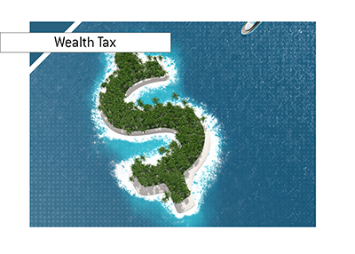 The wealth island.  The image to accompany an article about the proposed wealth tax in the United States.  Year is 2019.