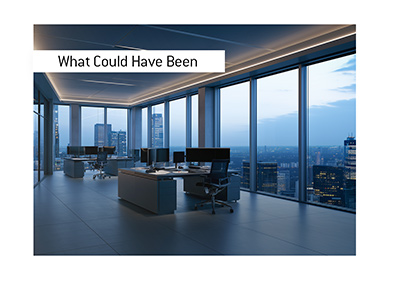 Empty luxury trading office overlooking a city skyline at dusk.