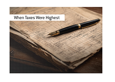 Archival-style illustration of 1940s U.S. tax ledgers with a fountain pen, representing high marginal tax rates during World War II.