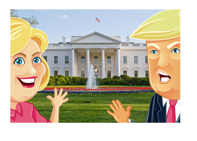 The White House - Washington DC - view from the front on a nice day.  Hillary Clinton cartoon character on the left and Donald Trump on the right.